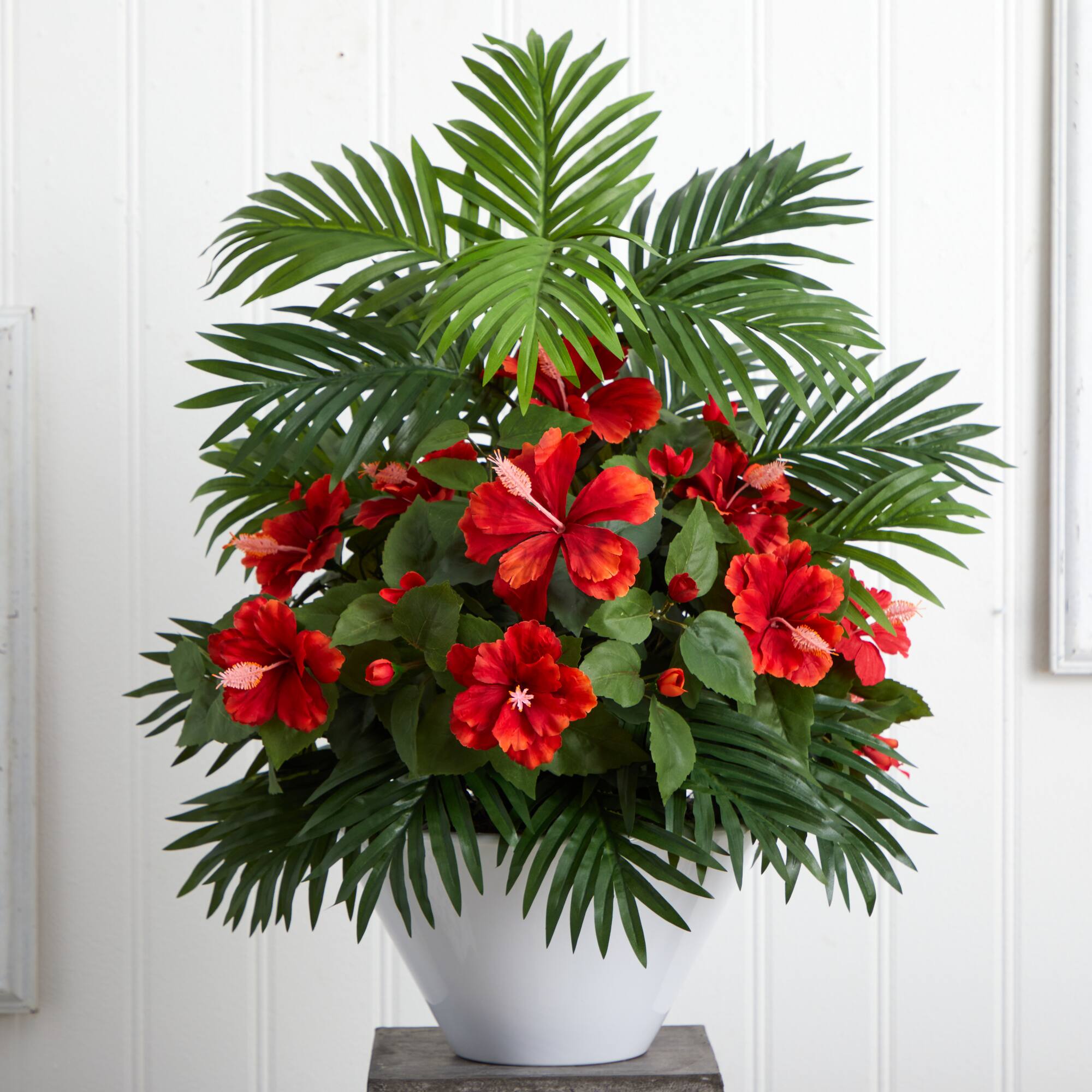 2.2ft. Red Hibiscus & Areca Palm Artificial Plant in White Bowl